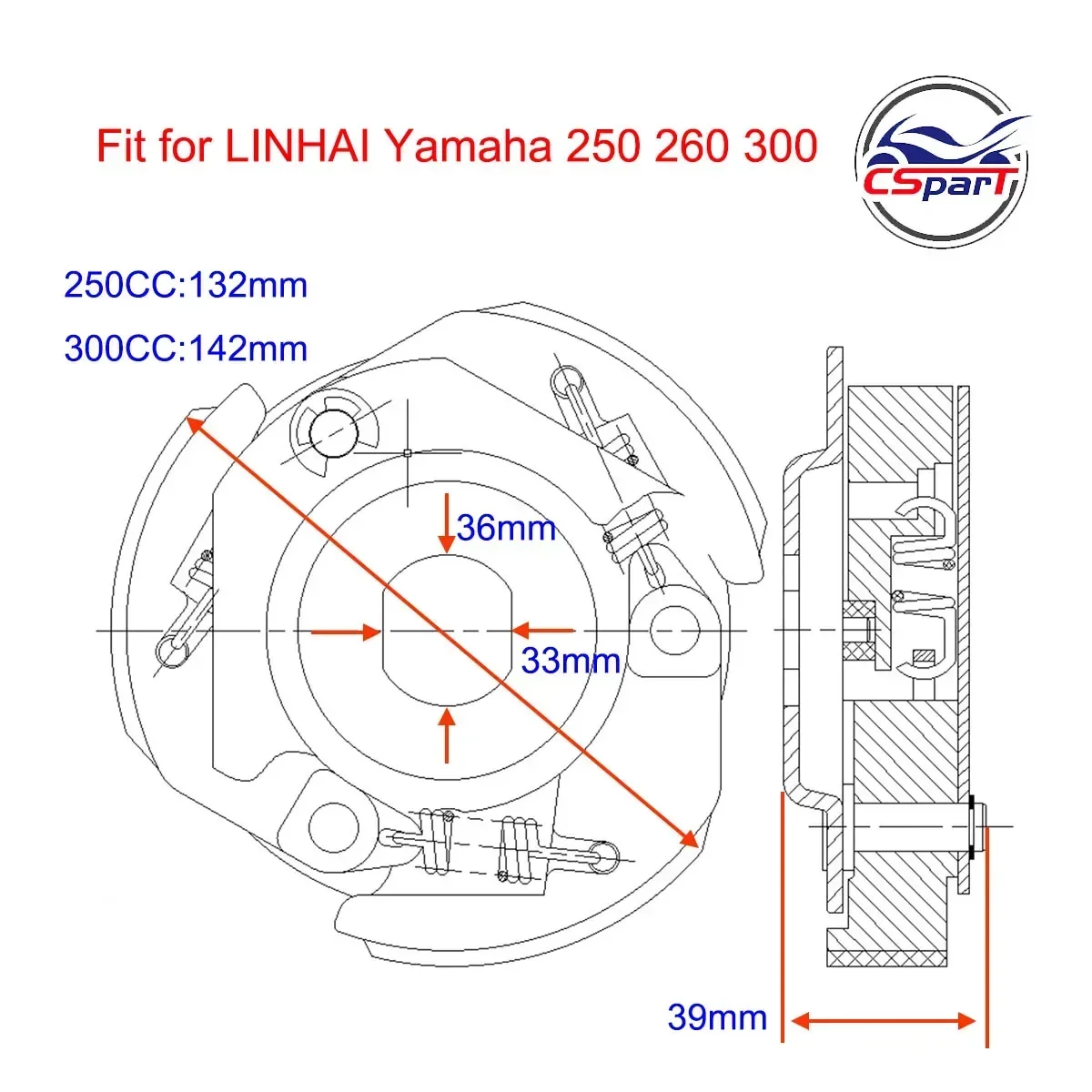 Embrayage MAGuitar STY LINHAI, 132mm, 142mm, 250, 260, 300, YP250, JL250, LH300, Buyang Feishen, Gsmoon Linhai Sym, Citycom, GTS 250i, 300i