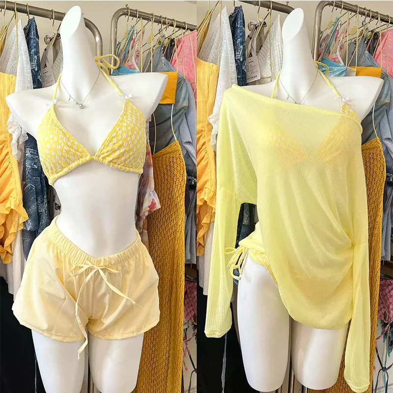 섹시한 한국 패션 보수적 인 꽃 프린트 비키니 세트 4pcs 수영복 메쉬 커버가있는 신축성있는 허리 반바지 smock 수영복