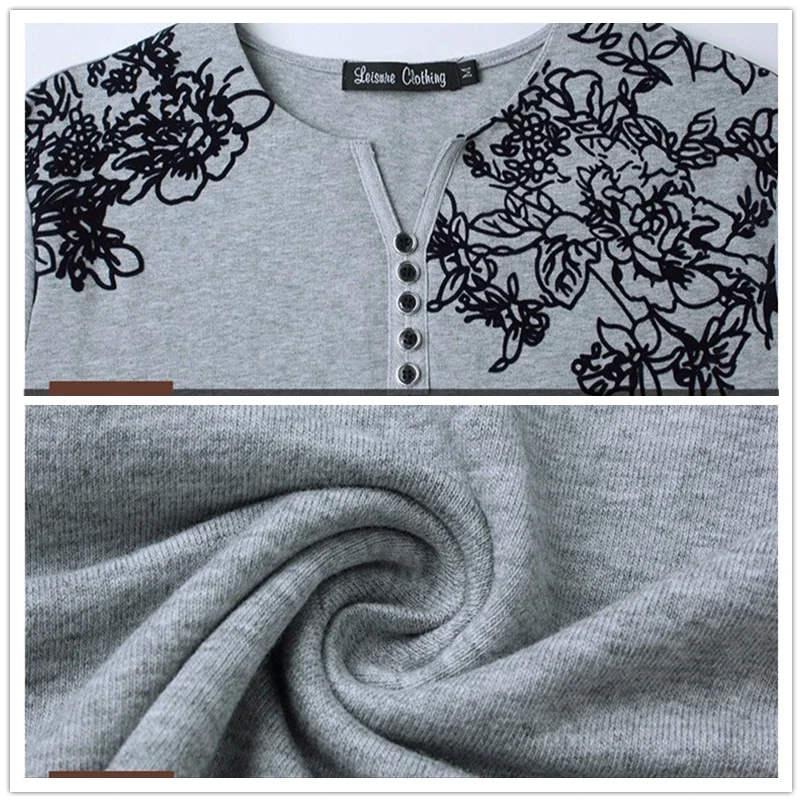 2024 Autumn Fashion Floral Print Men T-shirt Henry Collar Button Decorate Long Sleeve T-shirt for Men Tops Plus Size 5XL