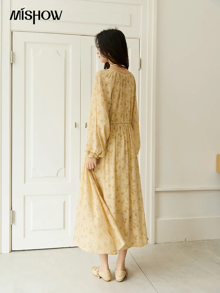 MISHOW Geel Afdrukken Jurk voor Vrouw 2025 Herfst Elegante Kant Lantaarn Mouw Taille Slanke Lange Jurk V-hals Jurk MXE47L2527