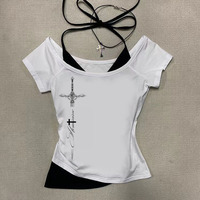 Women's Vintage Y2K Retro Grunge Print Crop Top Summer Gothic Fashion Streetwear Short Sleeve T-Shirt with Hanging Neck Design