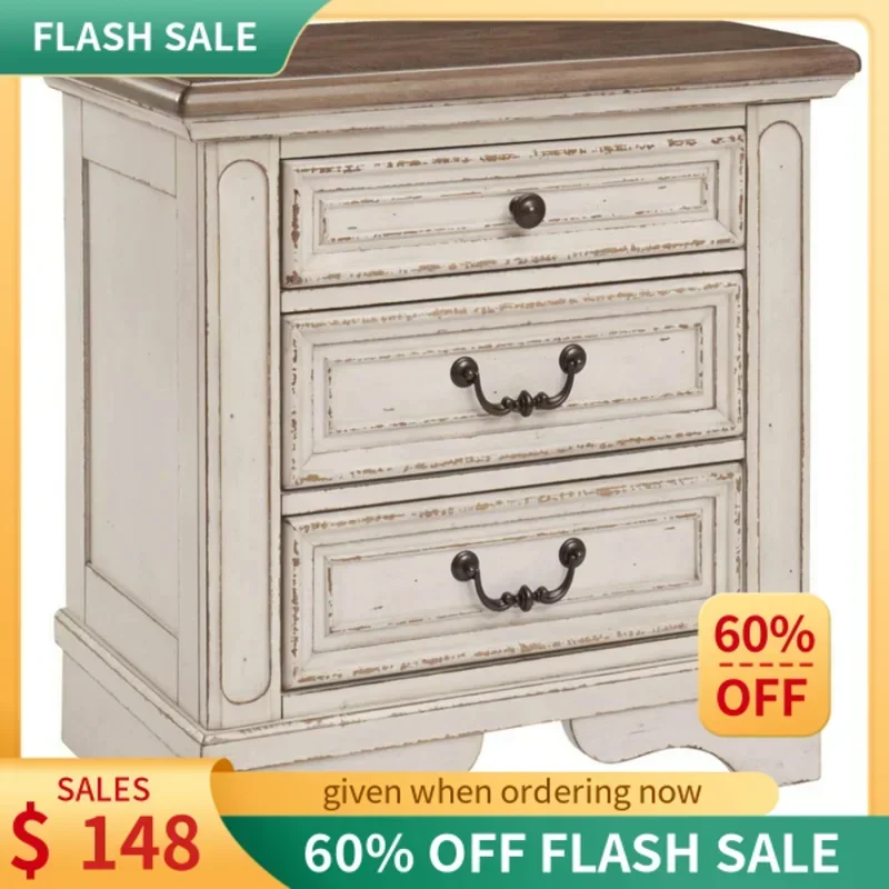 QWSignature Design by Ashley Realyn French Country 3 Drawer Nightstand with Electrical Outlets & USB Ports,Chipped White