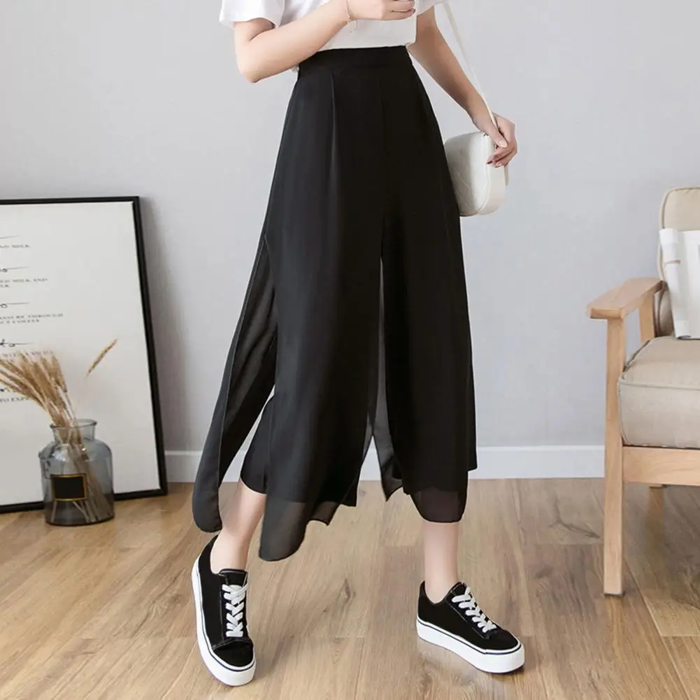 

Wide-leg Trousers Stylish Women's Wide-leg Culottes Elastic High Waist Chiffon Trousers for Daily Wear Casual Polyester Skirt