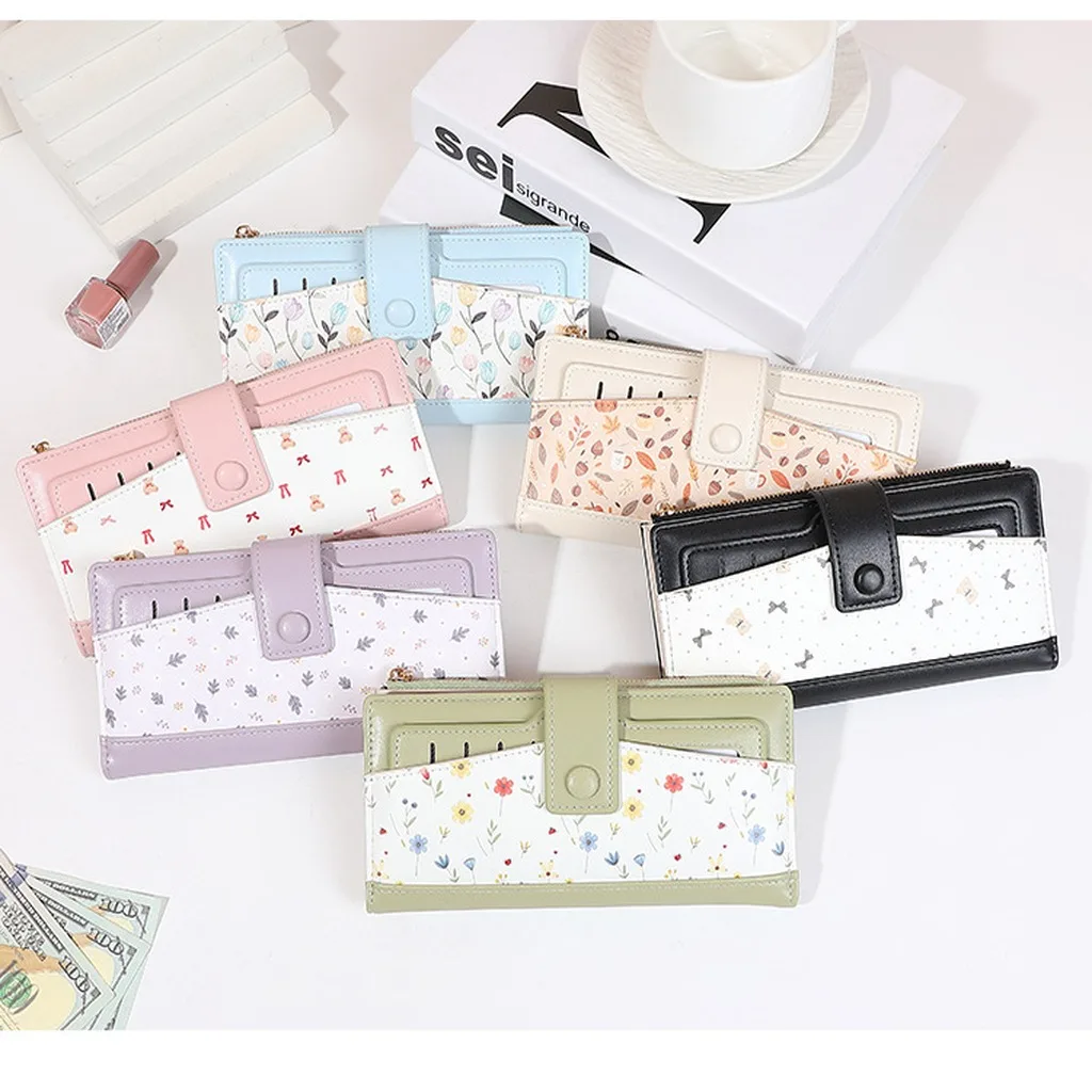 Long Bifold Wallet For Women, Pu Color Block Printed Multi-Card Holder With Zipper Coin Pocket, Large Capacity Daily Long Wallet