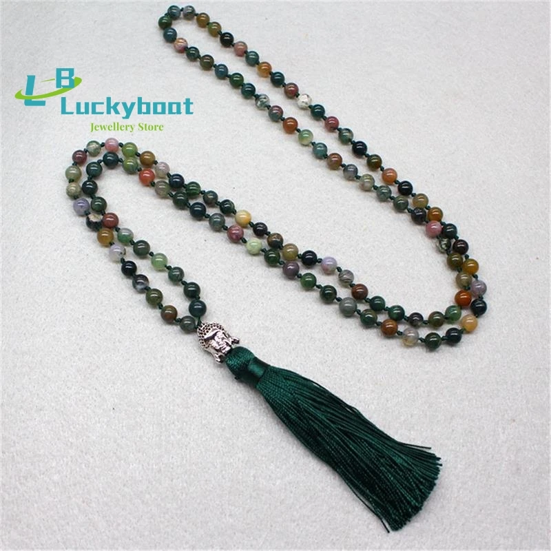 New 6mm Genuine India Onyx  Green Beads Silvery Buddha Head Charm 108 Mala Hand Knotted Necklace for Men or Women Meditation