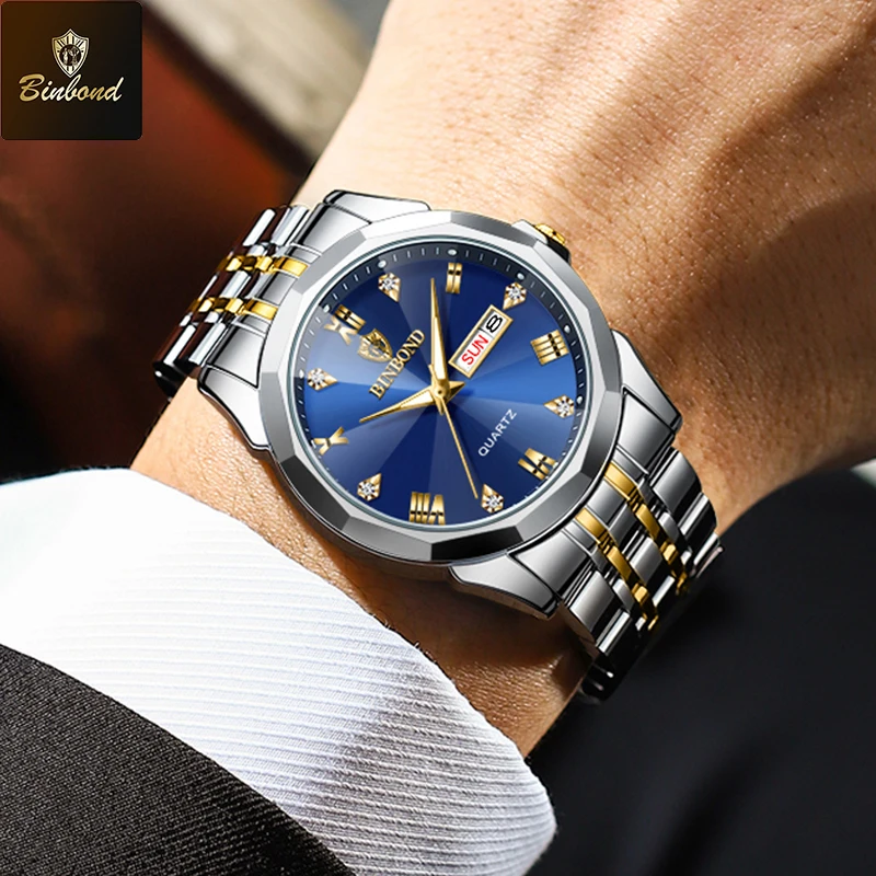 BINBOND Men's Watches Rhombus Mirror Original Quartz Watch for Man Waterproof Luminous Stainless Steel Wristwatch Male Date Week