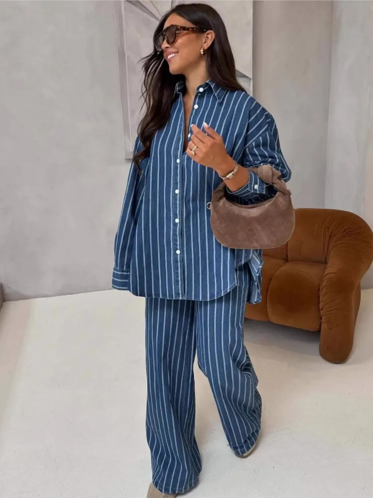 

Повседневные комплекты брюк в полоску, женские весенние 2026, новые свободные рубашки с длинными рукавами, брюки, комплект из двух предметов, уличная одежда, женские дорожные костюмы