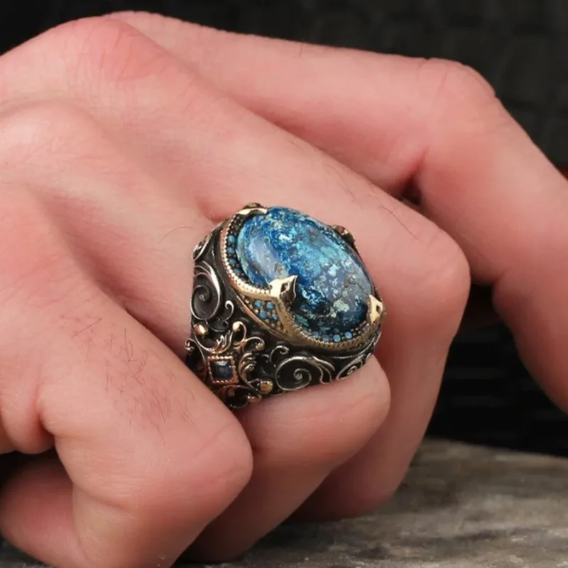 Gothic Vintage Pattern Carving Blue Stones Rings for Men Masculine Cool Silver Finger Bands Party Hiphop Unique Accessory 2