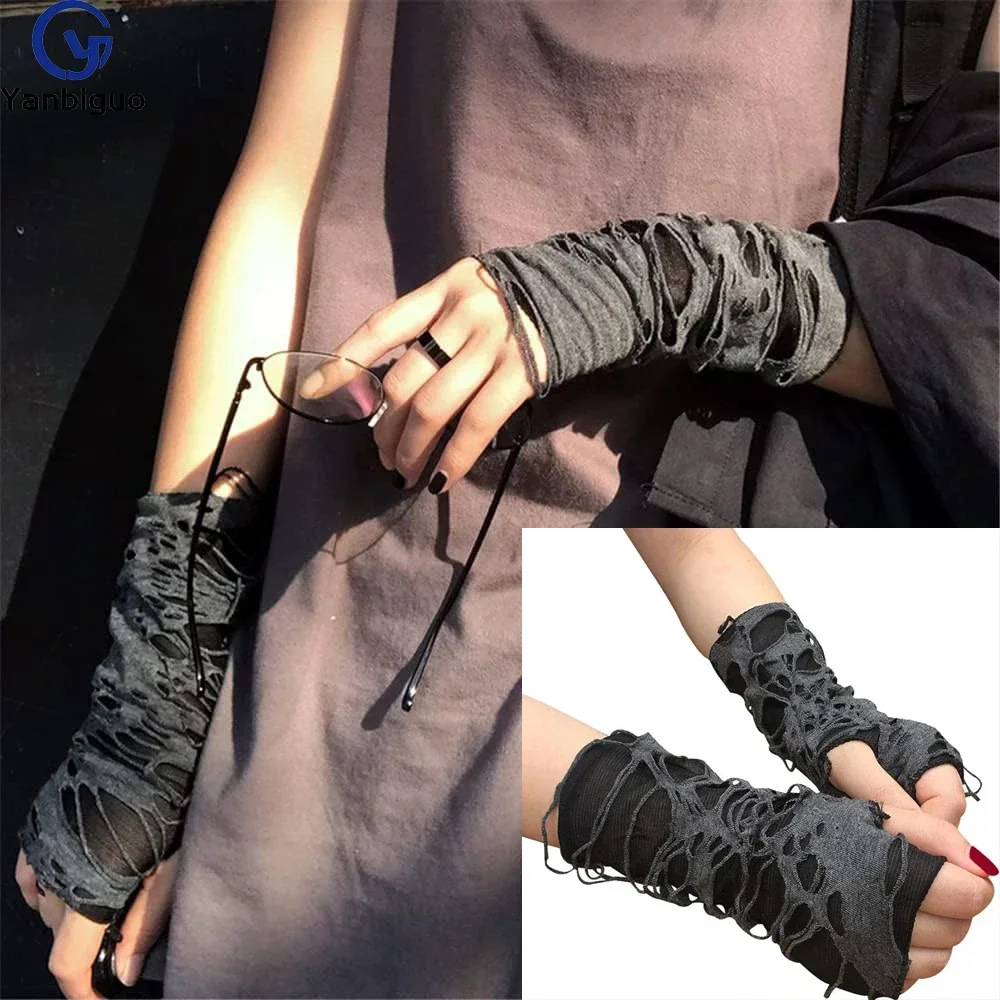 MuqiNush Gothic Fingerlose Lange Handschuhe Punk Loch Halbfinger Schwarz Handschuh Arm Wärmer Bettler Cosplay Halloween Kostüm Zubehör