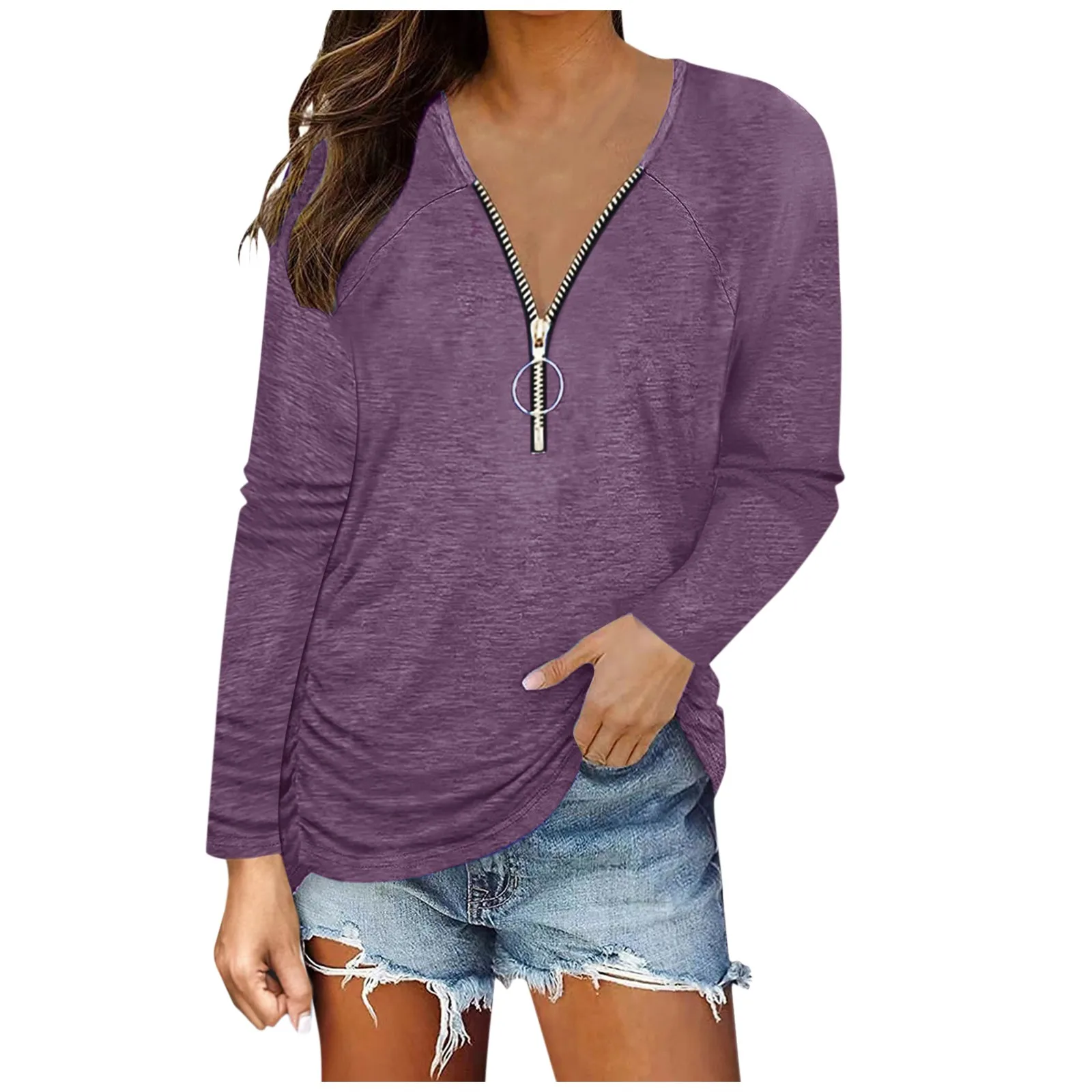 Casual Top Women Fashion Long Sleeve Shirt Ladies Zip V Neck Tunic Zipper Ruched Details Women'S Casual Long-Sleeve Raglan T1