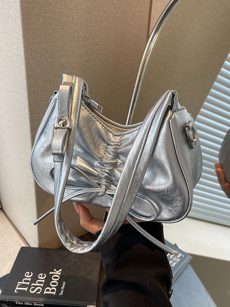 

Faionable Silver Underarm Bag Women's Commuter Crossbody Bag Sli Trendy Handbag oulder Bag PU Leather Medium Size