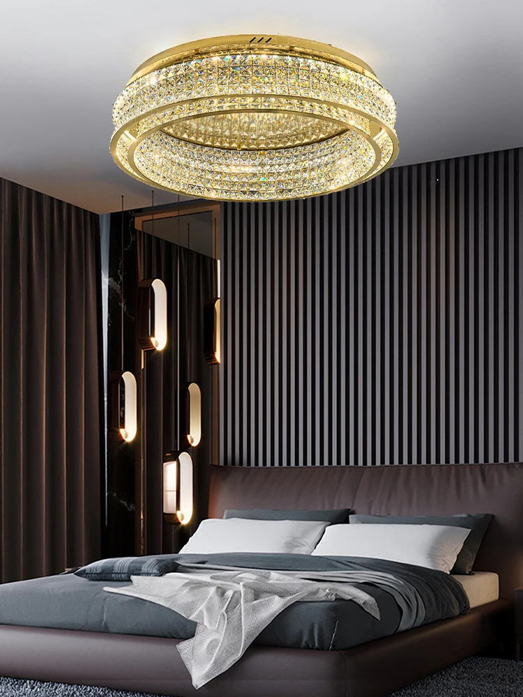 Imagem -02 - Rodada Led Teto Lustres para Quarto Designer Moderno Luxo Cristal Lustres Home Decor Luzes de Teto para Quarto 2024