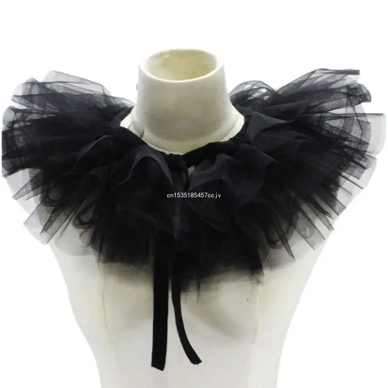 ผู้หญิง Victorian Ruffled ตาข่ายปลอมคอผ้าคลุมไหล่ Vintage Layered Tulle ที่ถอดออกได้คอ Ruff ตกแต่ง Clown Choker Dropship