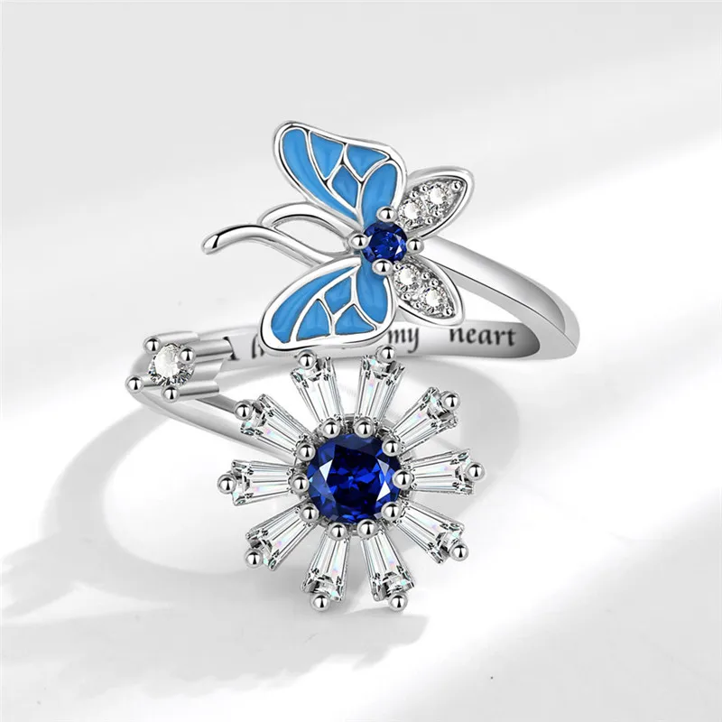 2026 Fashion Beads Anxiety Ring Fidget Spinner Rings Korea Crystal Butterfly Flower Star Moon Ring Anti Stress Jewelry Gift