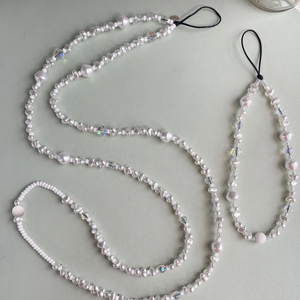 

High-cold style portable pendant oblique span portable long special-shaped imitation pearl crystal mobile phone chain lanyard