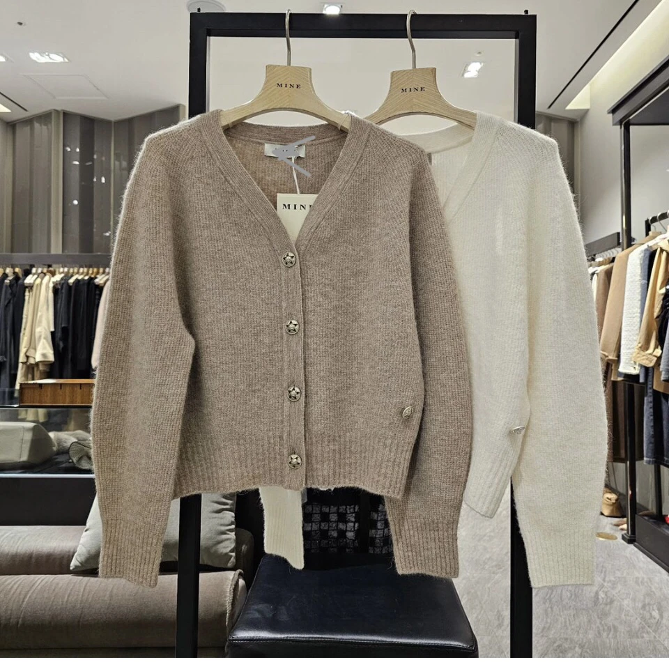 패셔너블한 니트 울 브이넥 가디건 한국 스타일 출퇴근용 다용도 가을 겨울 여성용 루즈핏 긴팔 스웨터