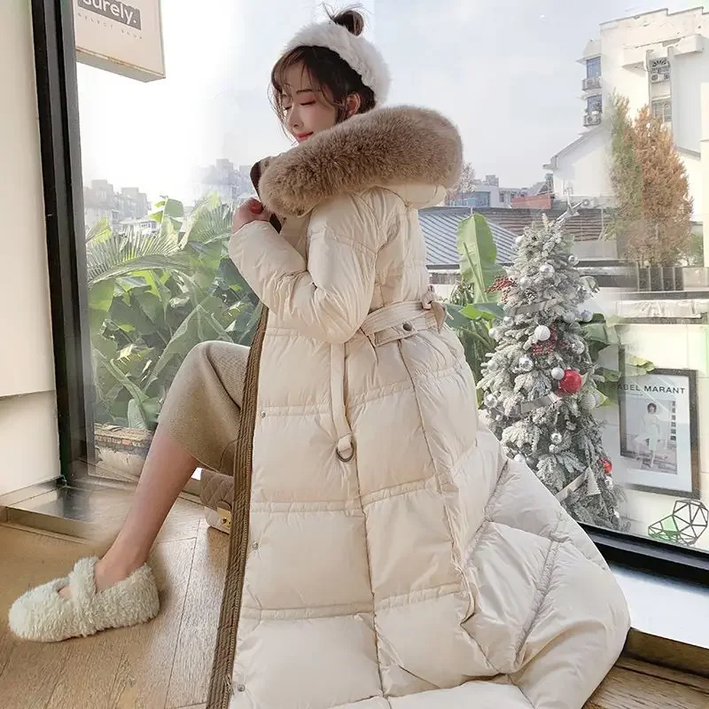 

2024New Korean Version Long Women Fur Collar White Duck Down Down Jacket for Warmth and Fashion Women Snow Coat Women Jacket