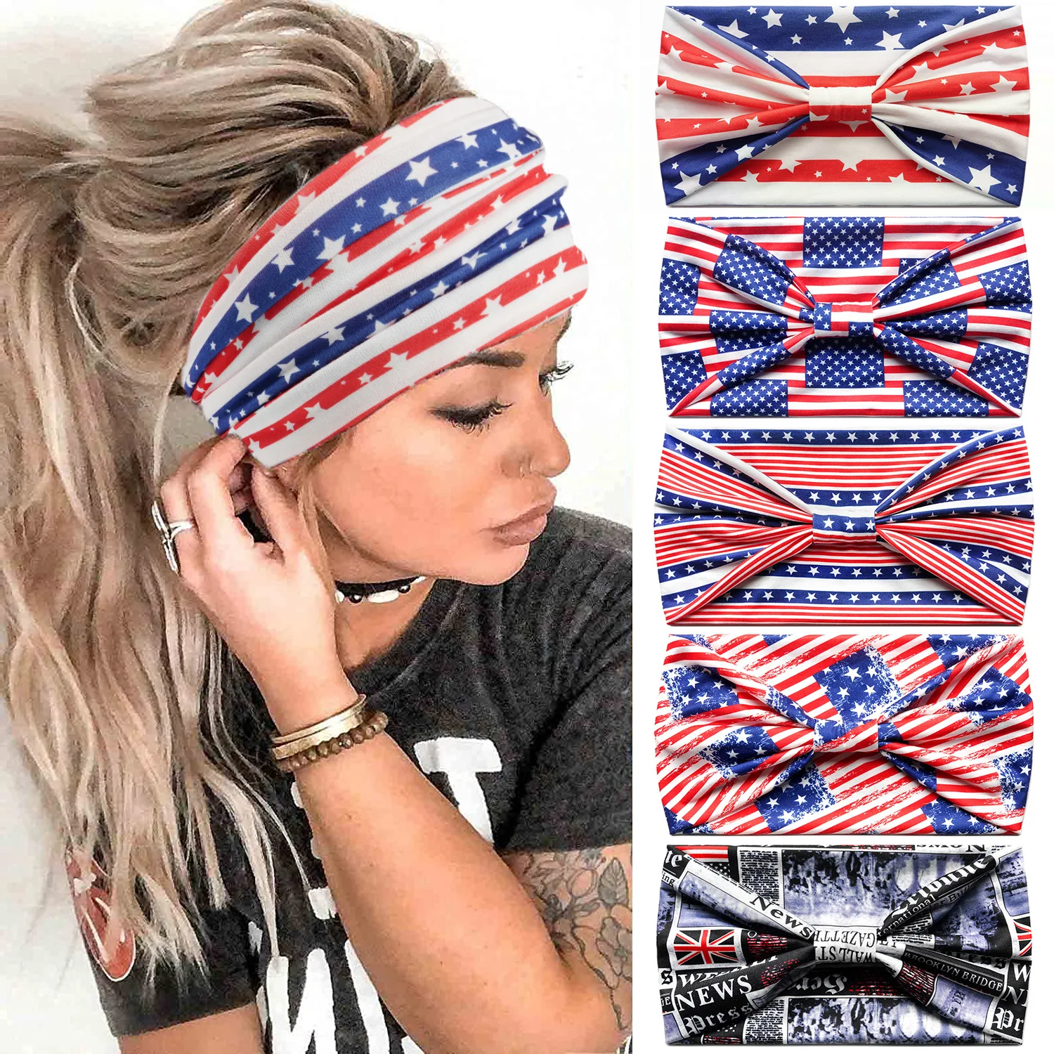 Fashion American Flag Independence Day Wide Edge Cotton Yoga Absorbs Sweat Women Girl Headband Hair Accessories Headwear