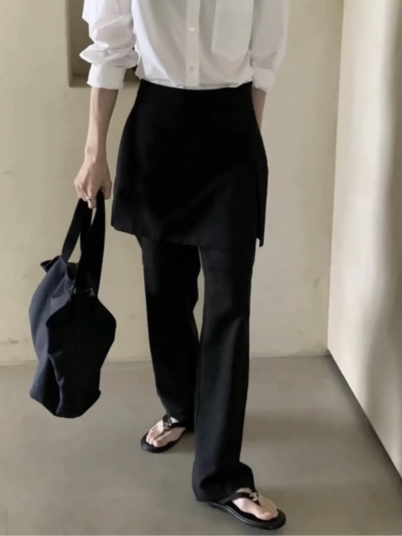 

Candy Miss Korean Style High Waist Straight Leg Pants Button Detail Casual Fashion Design False Two-Piece Long Trousers