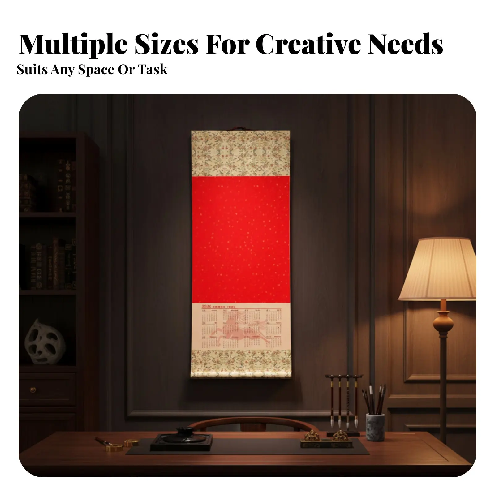 

Календарь-свиток на 2026 год, Год Лошади, настенный декор, свиток из бумаги сюань, китайская каллиграфия, красно-золотой декоративный свиток