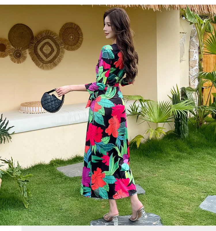 ZAROY Women Summer Floral Print Maxi Dresses V Neck Half Sleeve Belted Boho Beach Dress Vintage Evening Party Dress Vestidos
