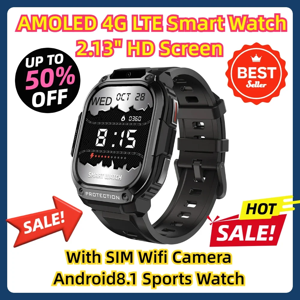 With SIM Wifi Camera Android8.1 Sports Watch AMOLED 4G LTE Smart Watch 2.13