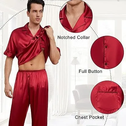 Men's Pajama Sleepwear Two Piece Set Spring Summer Short Sleeve Trouser Suits Loose Casual Ice Silk Home Clothes Lounge Wear