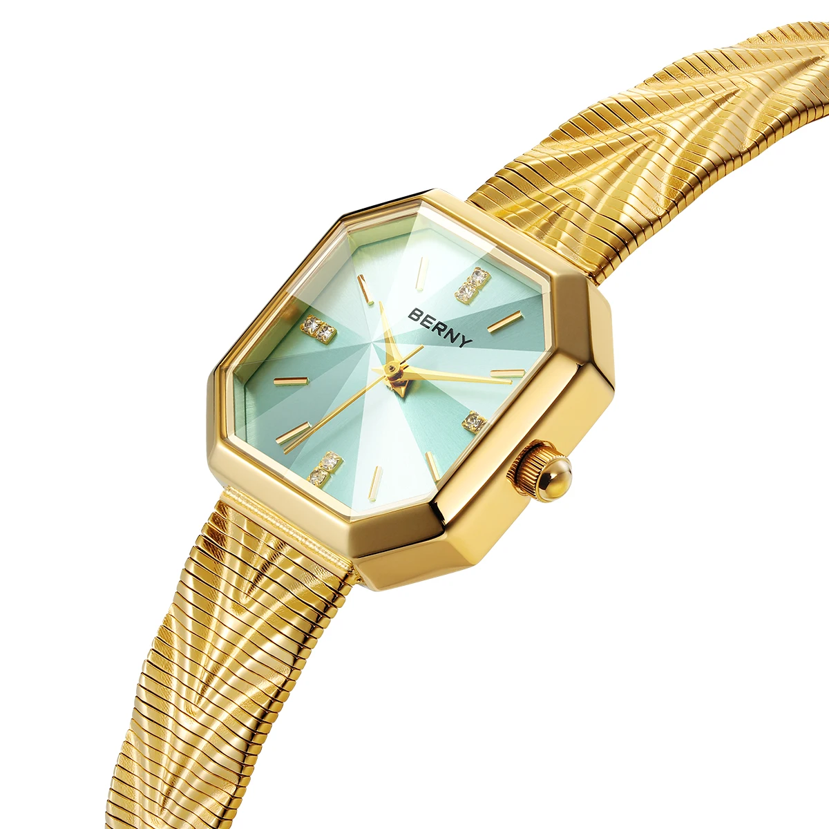 BERNY Gold Watch For Women Octagonal Ladies Quartz Wristwatch Stainless Steel Women Ice Blue Small Golden Watch Luxury Watches