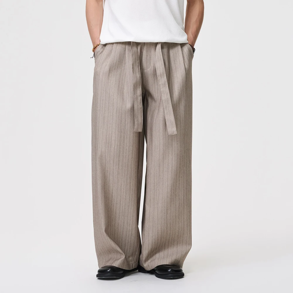 Men Fashion Vintage Loose Casual Stripe Wide Leg Suit Pant Man Korean Streetwear Fashion Show Baggy Pants Trousers