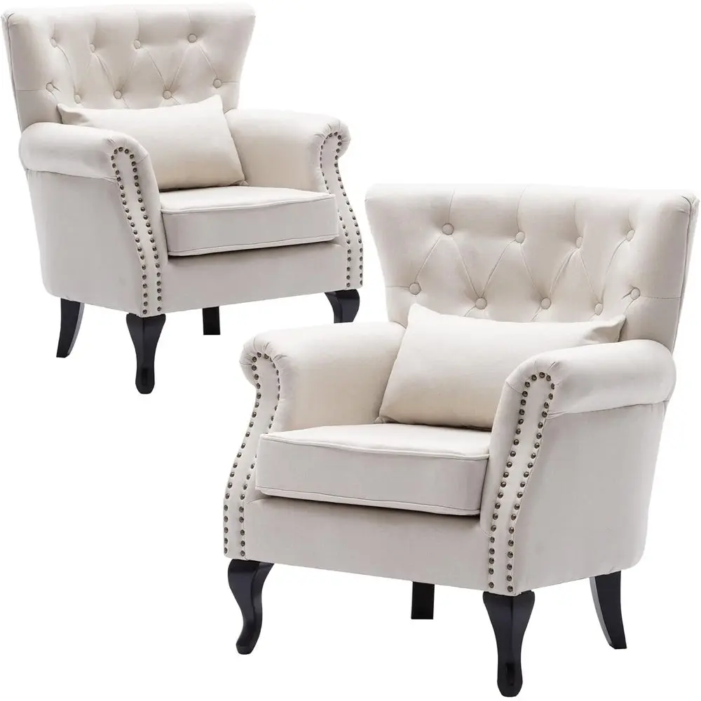 

20th Century Inspired Linen Armchair with Tufted Back and Wood Legs, Beige Upholstered Lounge Chair for Living Room or Bedroom