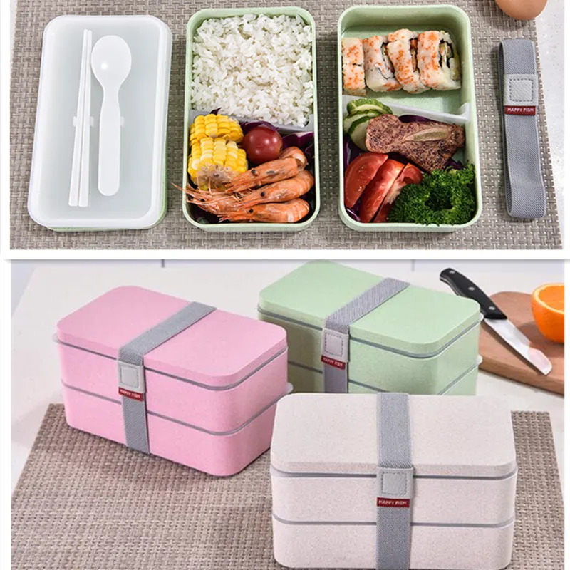 

Wheat Straw Double Layers Lunch Box With Spoon Microwave Food Storage Container Lunchbox Healthy Material Bento Boxes 1200ml