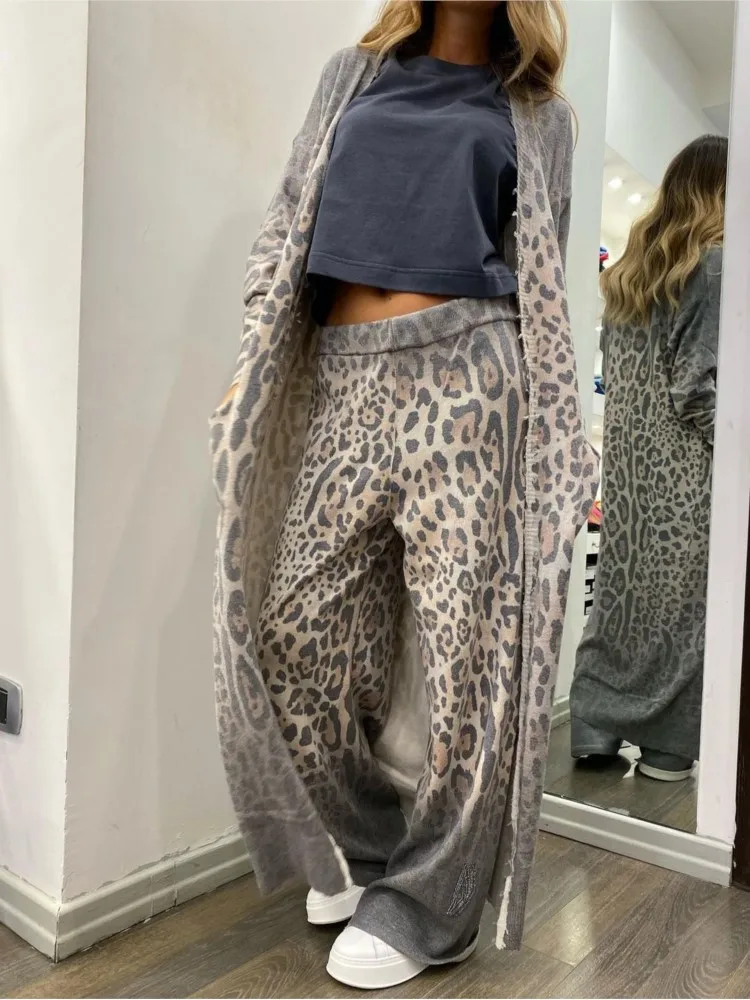 

Women Fashion Leopard Print Long Style Long Sleeve Suit Spring Autumn New Casual Loose Simple Female Long Pants 2 Piece Set 2025