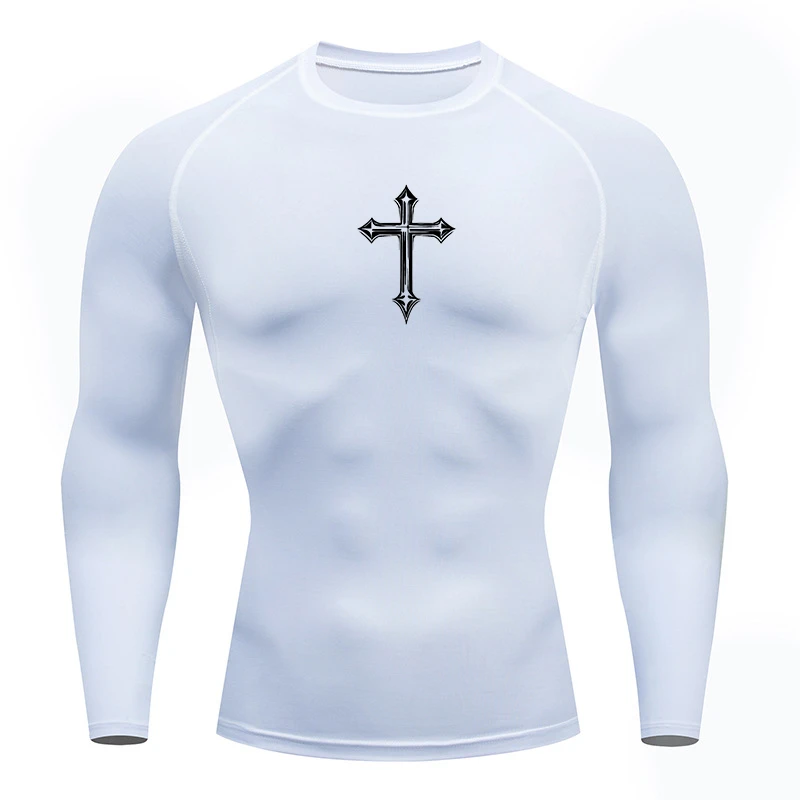 Cross Print Compression Shirt for Men Christian Athletic Tshirt Tees Tops Gym Workout Running Baselayers Undershirts Rash Guard