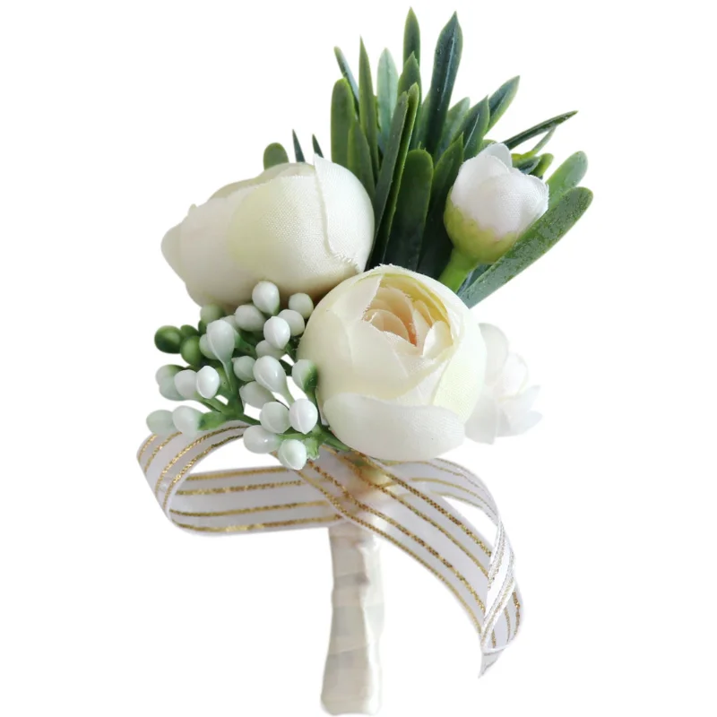 Boutonnieres Flowers Artificial Roses Silk Ivory Corsage Buttonhole Groomsmen Boutonniere for Men Wedding Accessories