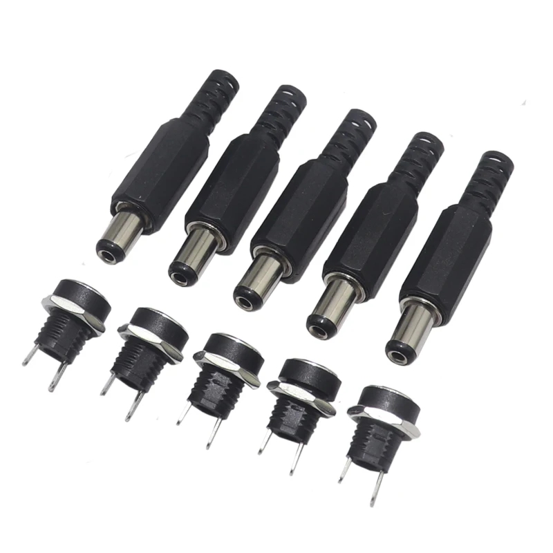 【10-5Set】Plastic Male Plugs DC022 DC Power Socket Female Jack Screw Nut Panel Mount Connector 5.5x2.1mm 5.5x2.5mm 3.5x1.3mm