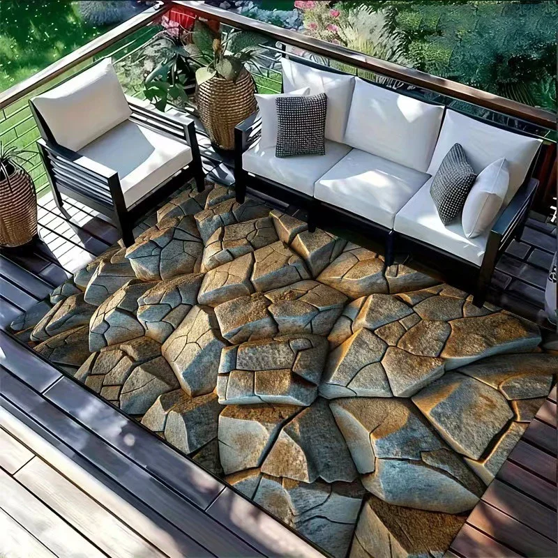 2D Stone Print Area Rug Non-slip Floor Mat for Patio Balcony Rustic Rock Style Living Room Carpet for Indoor Outdoor Home Decor