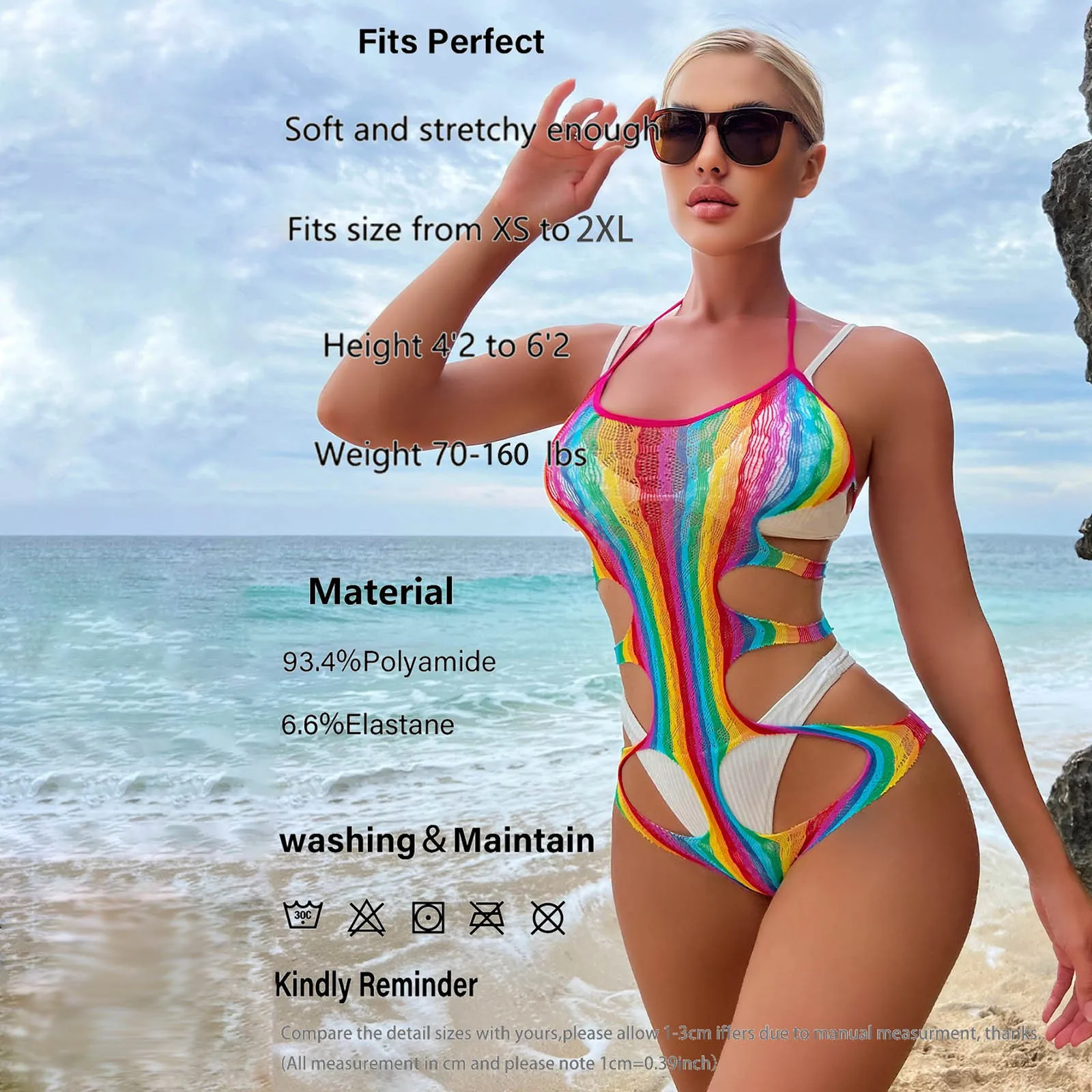 Sexy​ ​Lingerie Bikini Cover up Women Body Dress Multicolor Rainbow Fishnet Bodysuit Beachwear Nightgown Transparent Costumes