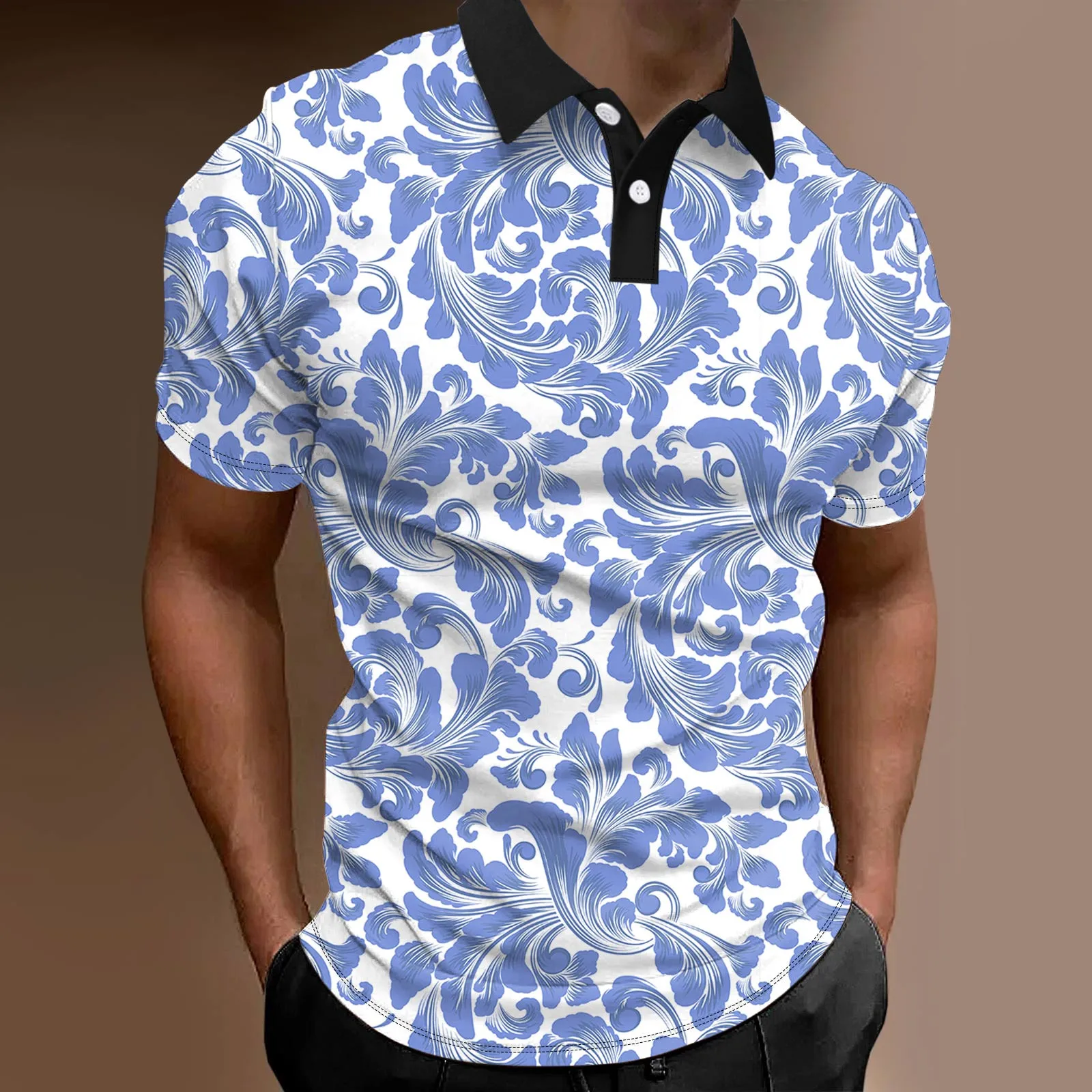 

Men Fashion Spring Summer Casual Short Sleeve Turndown Neck Printed T Shirts Top Blouse daily Tees