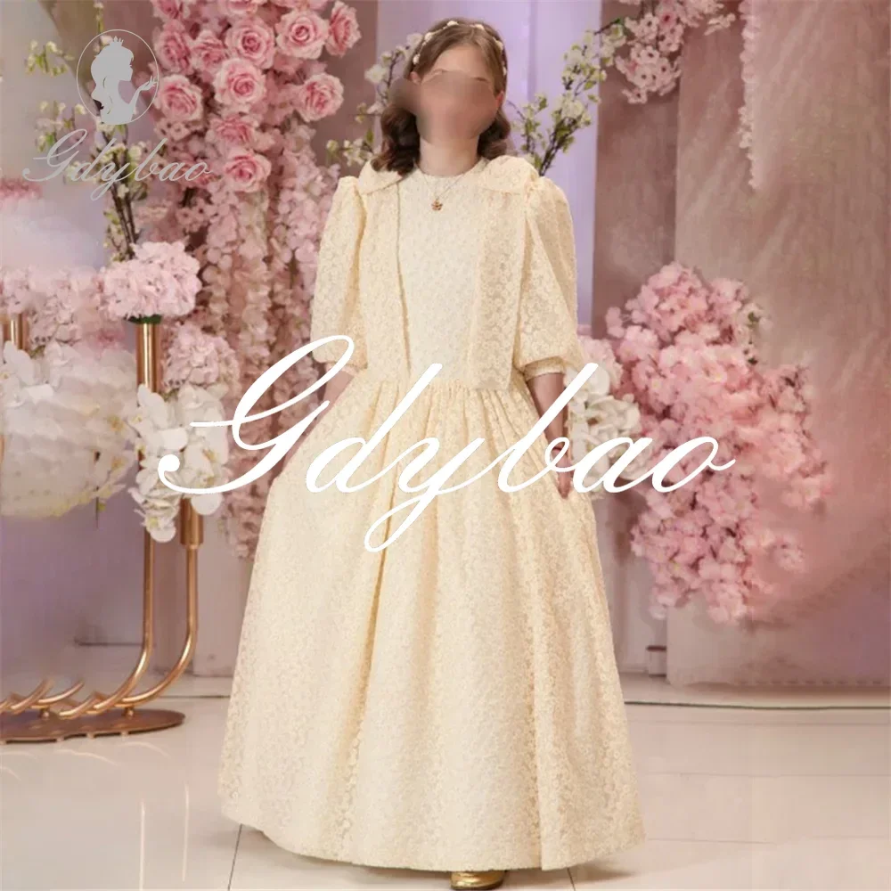 Elegant O Neck Puff Sleeve Applique A Line Pleat Flower Girl Dress Floor Length Classic Formal First Communion Gown Customized