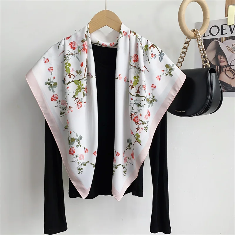 2024 Spain Fashion Million Floral Square Silk Scarf Ladies High Quality Print Soft Shawls and Wraps Bufanda Muslim Hijab 90*90Cm