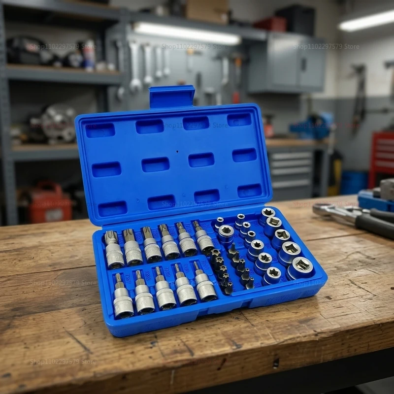 Conjunto de 34 Peças de Soquetes Estrela e Bits de Alta Qualidade, Bits E-Security para Reparos Automotivos e Projetos DIY, Kit de Ferramentas Manuais