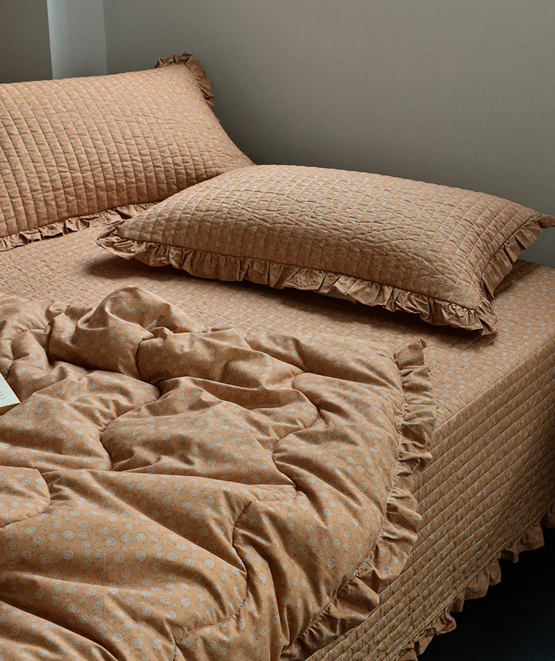 Vintage Style Cotton Linen Quilt Set 3pcs - Soft Printed All Season Comforter, Lightweight Bedspread Cover for Home Decor