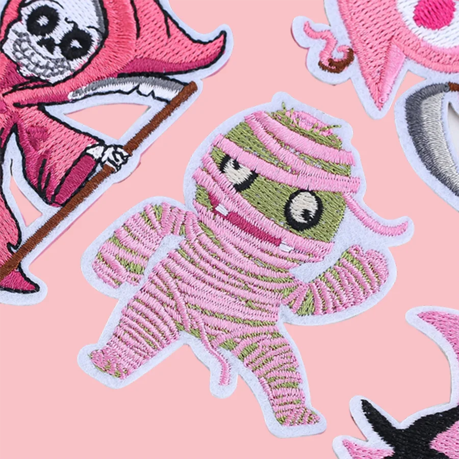 

Pink Ghost Reaper Halloween Punk style Girl Patch Iron on for Hoodies and Holiday Decorations