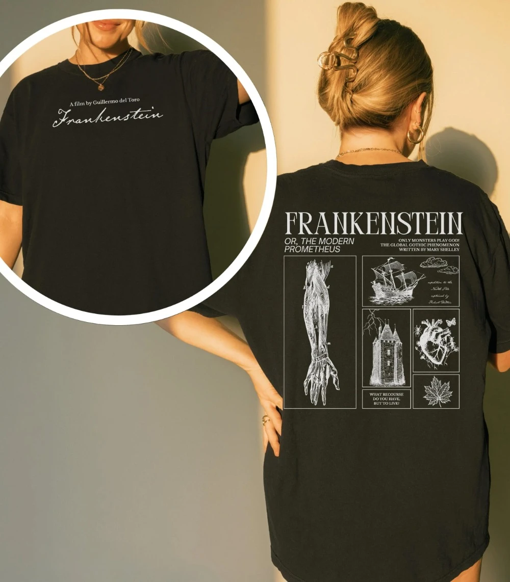 Camiseta Frankenstein con diseño de insectos y hoja de arce, estilo gótico de terror, para amantes de las películas de monstruos, merchandising literario, Halloween, Dark Academia, Mary Shelley