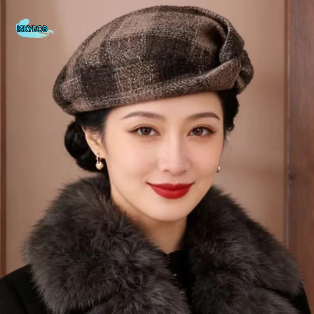 

Contrast Color Mom Plaid Beret Cap Dome Knitted Bow Twisted Hat Acrylic Fibers Big Head Circumference Women Artist Hat Warmer
