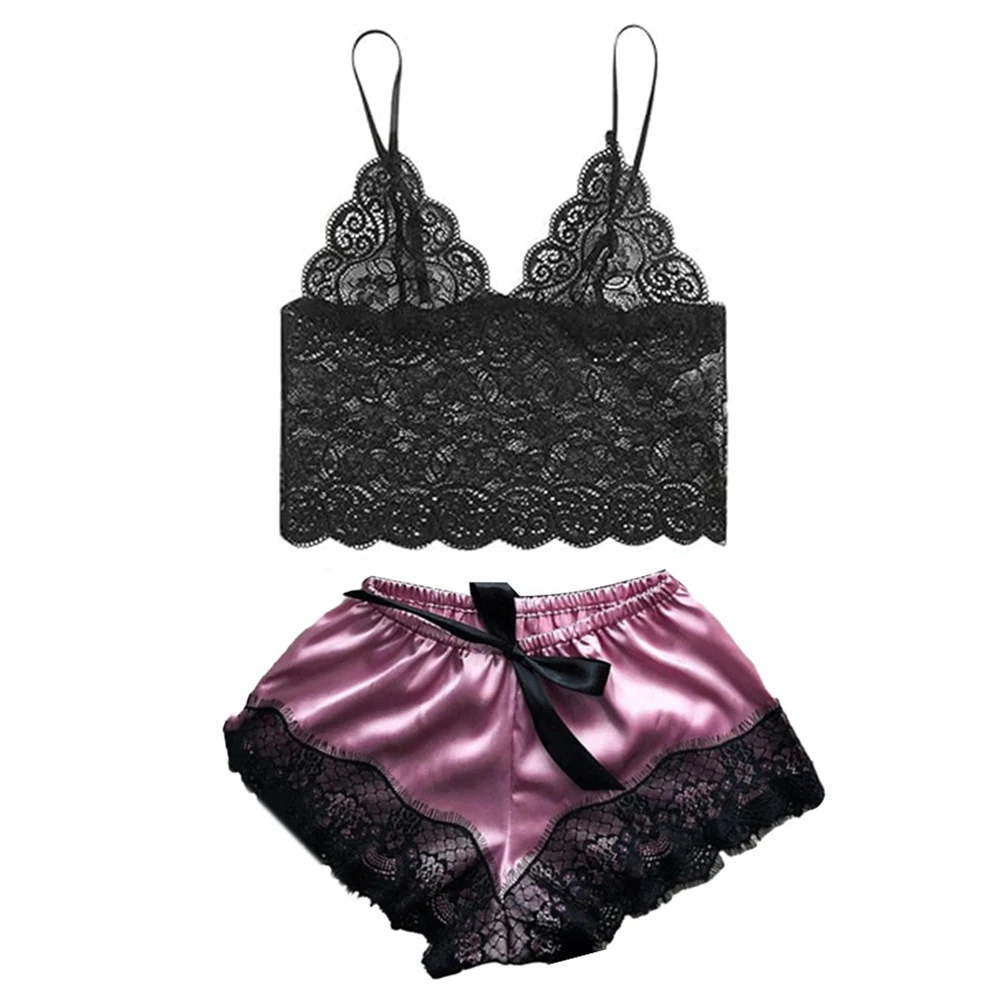 

Women Sheer Lace See Through Spaghetti Straps Tops Satin Lace Shorts Underwear Set Comfortable Breathable Soft Pajamas Homewear