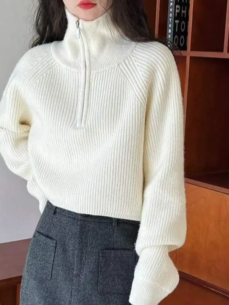 

Autumn Winter Solid Office Lady Half Zipper Knit Sweater Fashion Women's Versatile Long Sleeve Festival Short Tops Casual Trendy