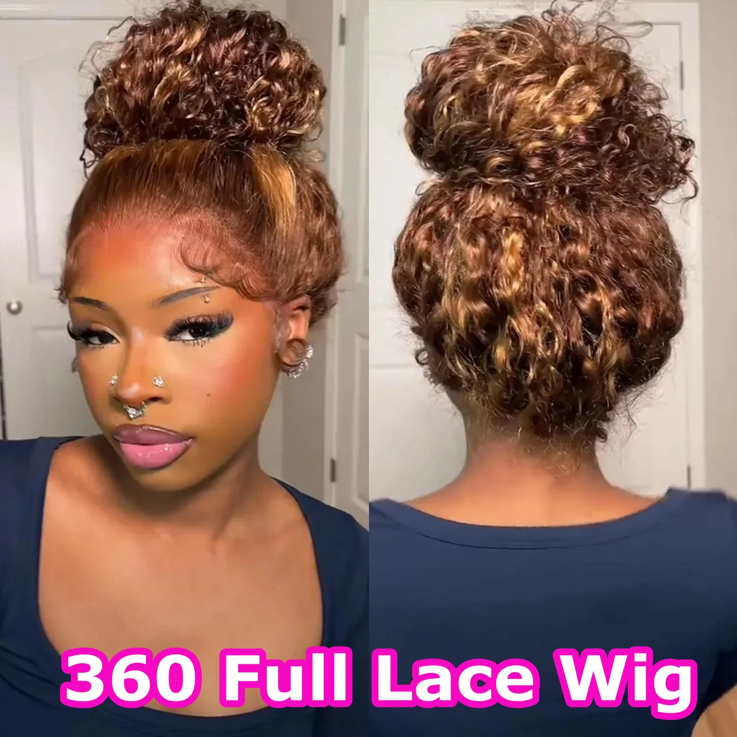 

4/27 Highlight Ombre Invisi Strap 360 Full Lace Front Wig Human Hair Pre Plucked Deep Curly 360 Glueless Upgrade Human Hair Wigs