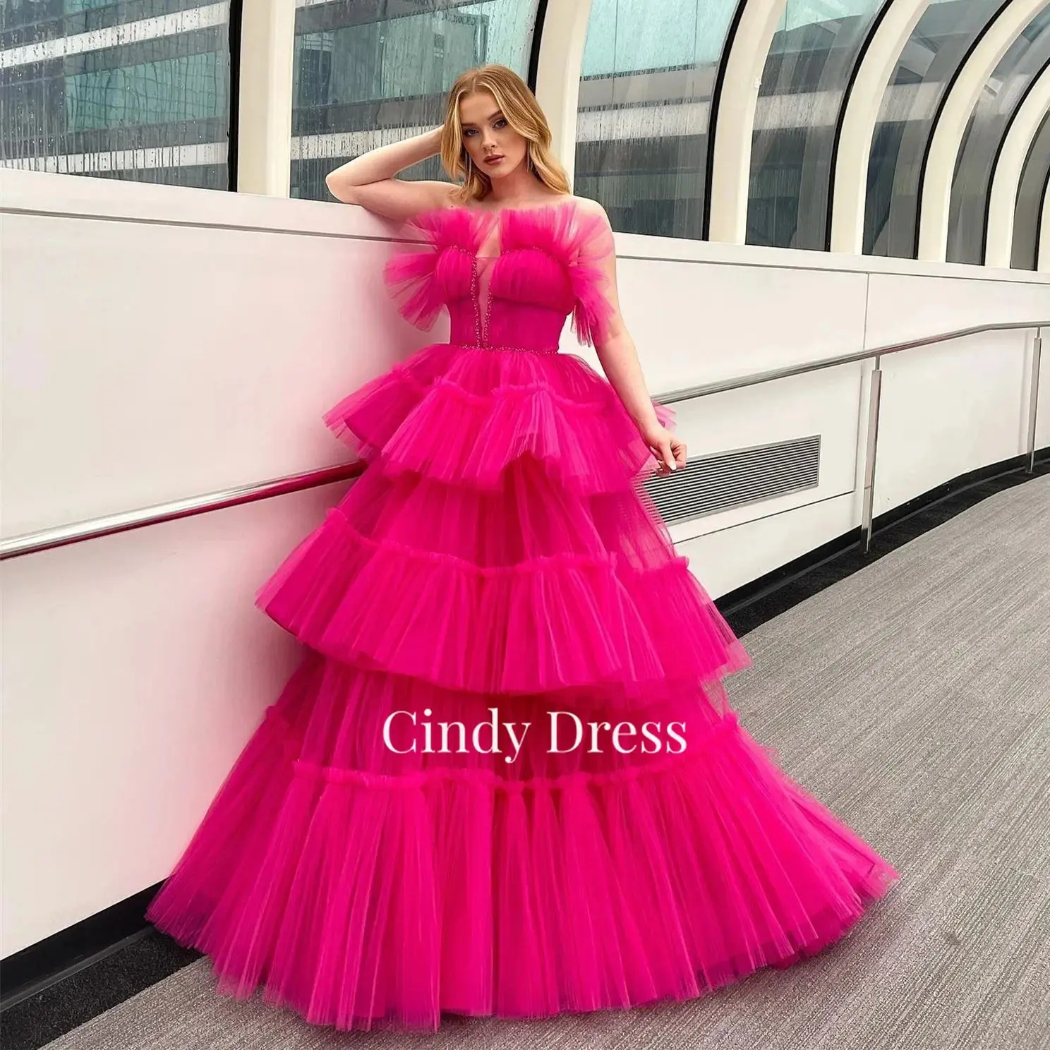 

Cindy Hot Pink Long Prom Party Dresses Handmade Tiered Tulle Strapless Fluffy Evening Gown Formal Dress vestidos de noche