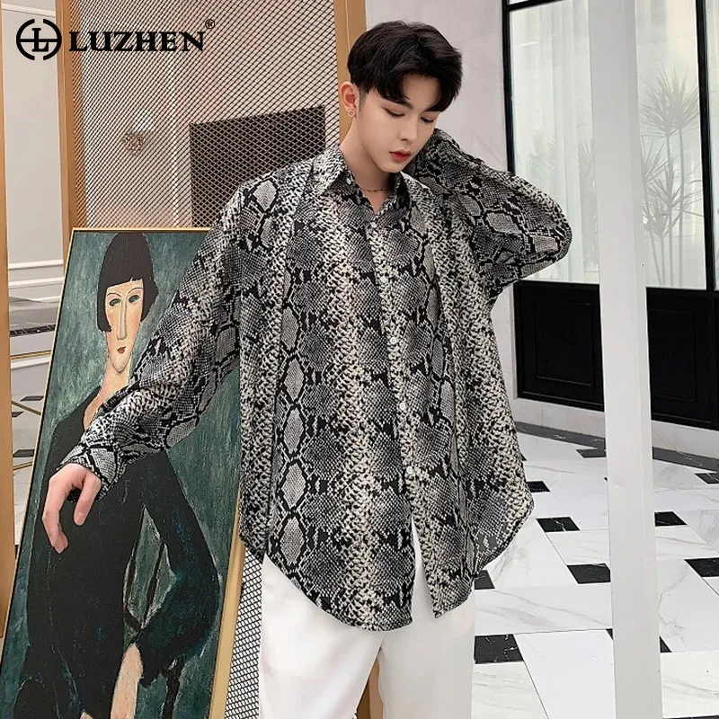 LUZHEN Personality Snake Printed Design Short Sleeved Shirt Multifunctional Patchwork Trendy Tops Handsome Men's Blouses LZ4886